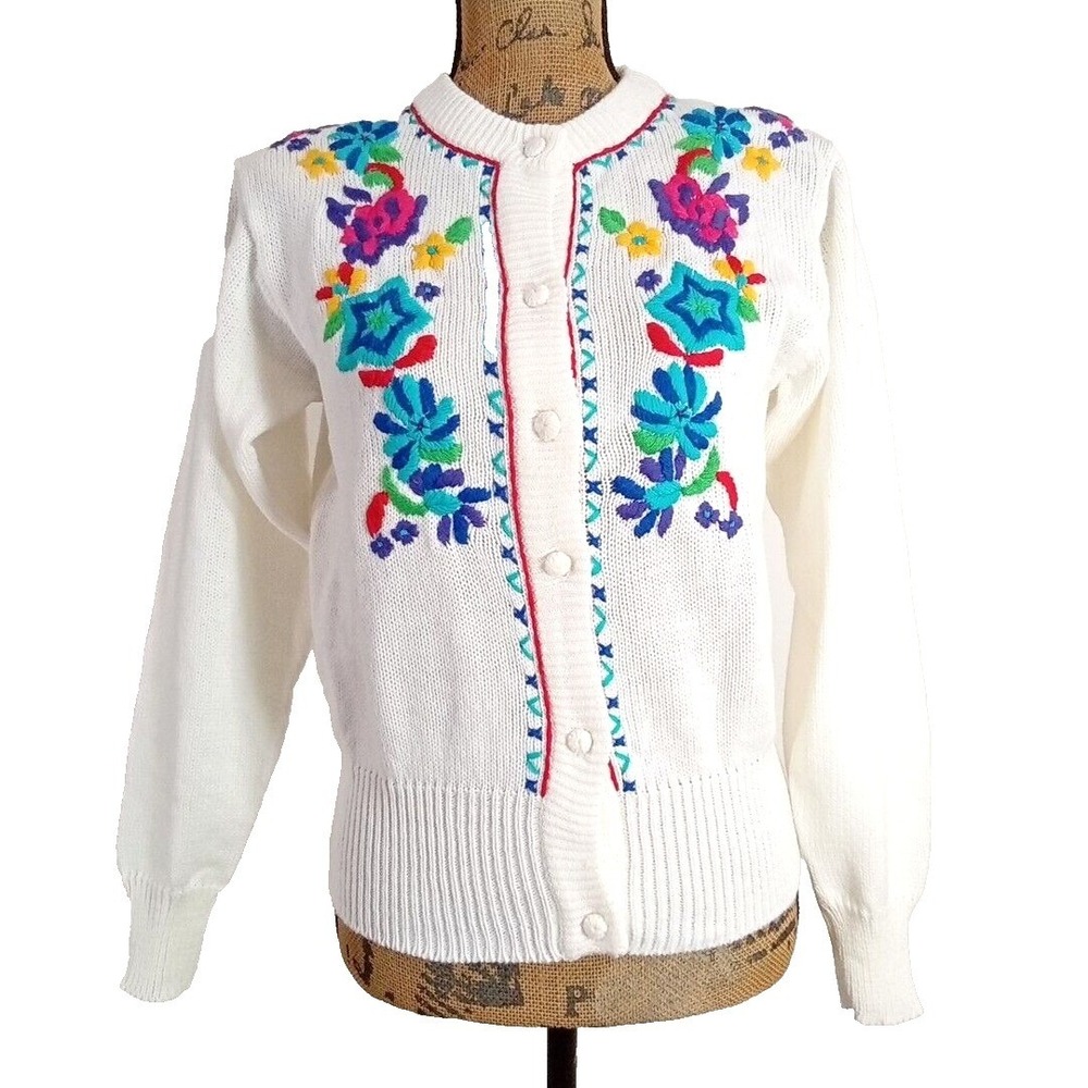 Parrinello Sweater SMALL Cardigan Covered Button Front‎ Colorful Floral Stitch